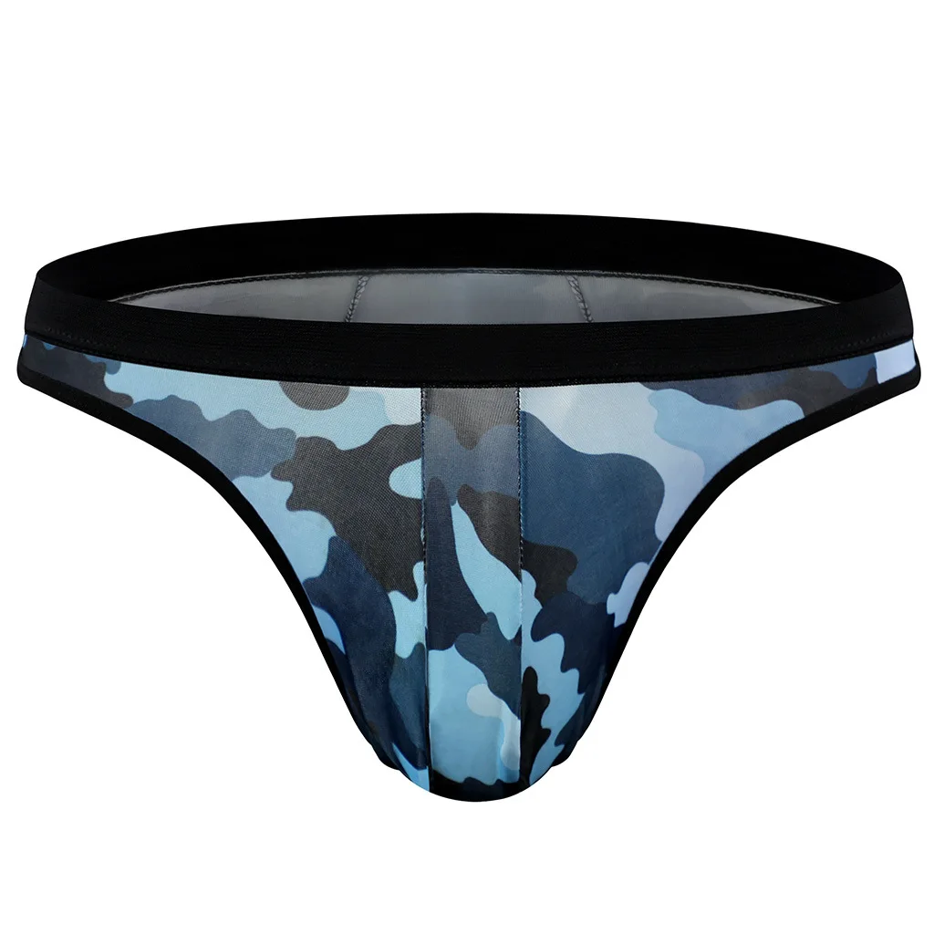 Men's Sexy Underwear Gay Erotic U Convex Pouch G-string Light Blue Camouflage Underpants High Elastic Thin Breathe T Back Thong