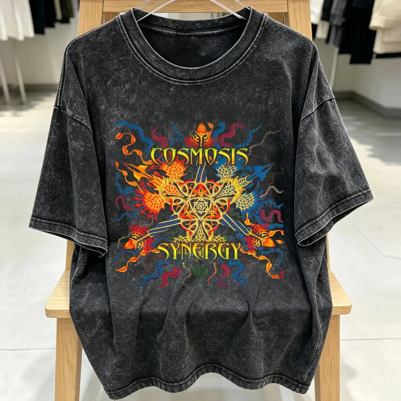 washed T Shirt Cosmosis Synergy Goa Psychedelic Trance Music Mens Cotton vintage Washed Versatile Stylish Slightly homme