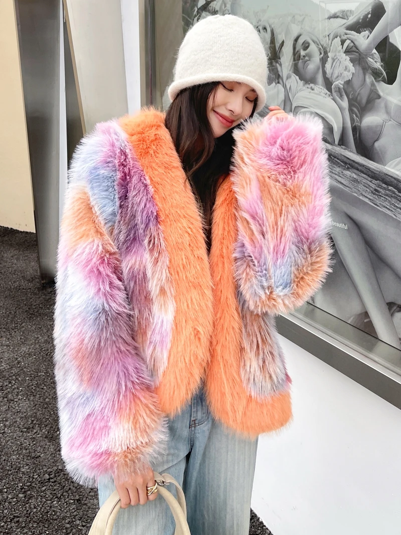 Autumn and Winter New Non-Mainstream Style Tie-Dyed Imitation Festival Stitching Dress Furry Coat