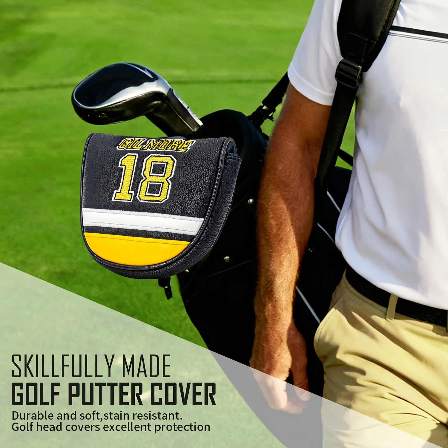1pc Magnetic PU Golf Putter Headcover with Embroidered /Patch Compatible for Mallet Putters,Durable Magnetic Closure Cover view 3