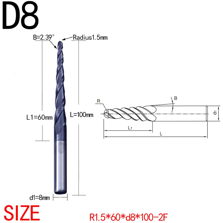 Jerray R1.5*D8mm*100L Solid Carbide Tapered Ball Nose End Mill CNC Milling Cutter Tools