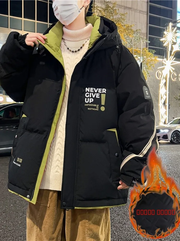 

Thiened Winter Cotton Jaet for Men Youth Trendy Brand Striped Patchwork Hooded Bread Sle Coat Warm Casual Loose Fit