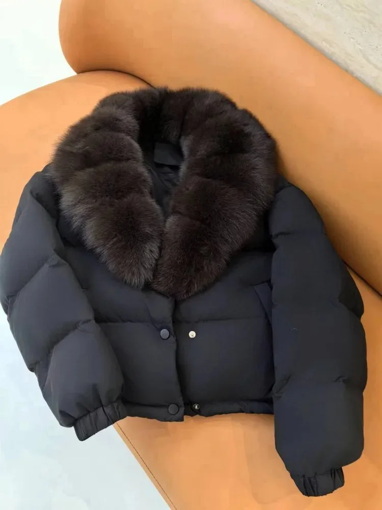

2025 Women Fashion Warm Thick Natural Fur Down Puffer Jacket Real Fox Fur Goose Down Coat Female New Autumn Winter Clothes