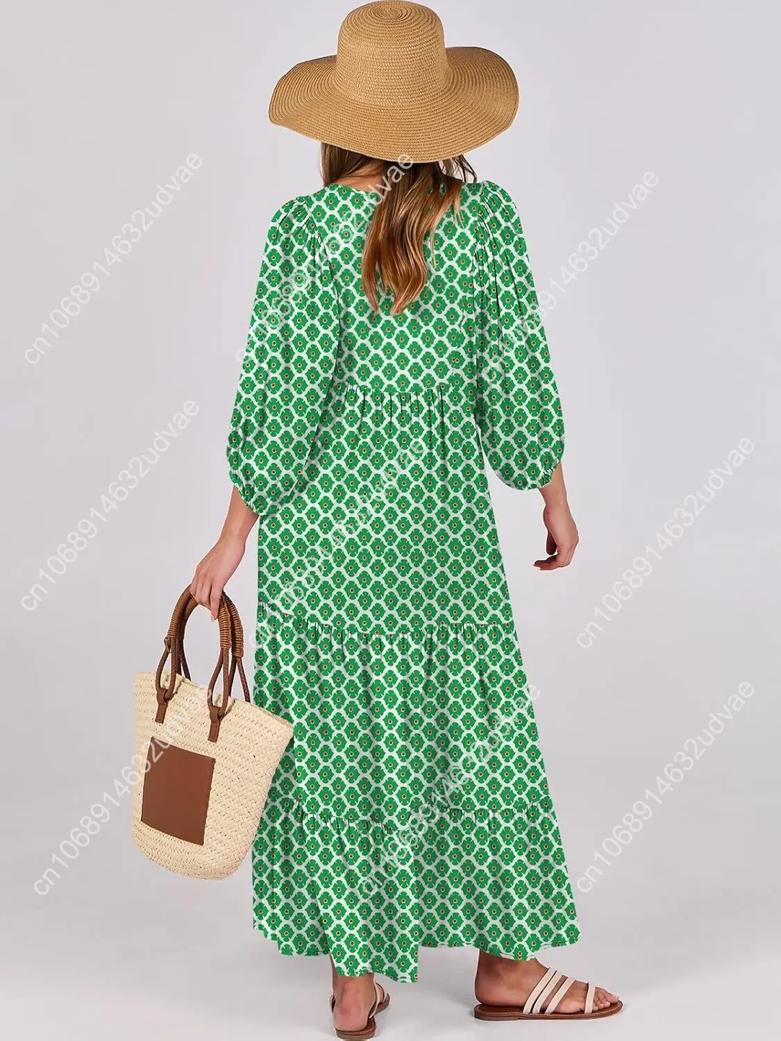 Womens Boho Maxi Dresses 2025 Summer V Neck Puff Sleeve Floral Flowy Swing Casual Long Dress