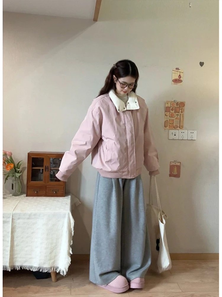 

Pink Lamb Fur Collar Parka Jaet Thi Warm Cotton Coat for Couples Autumn Winter Outerwear Women's Sle Slimming Coat