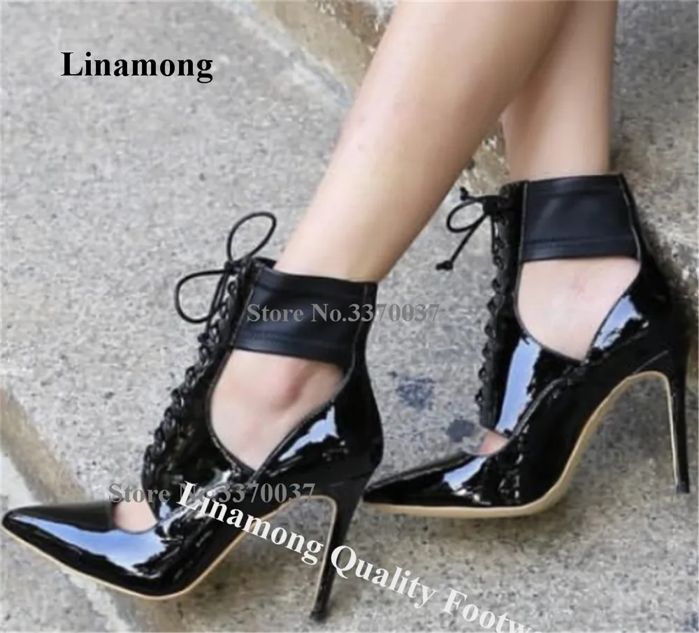 

Linamong Elegant Black Patent Leather Stiletto Heel Pumps Pointed Toe Lace-up Ankle Wrap Thin Heel Dress Shoes Big Size