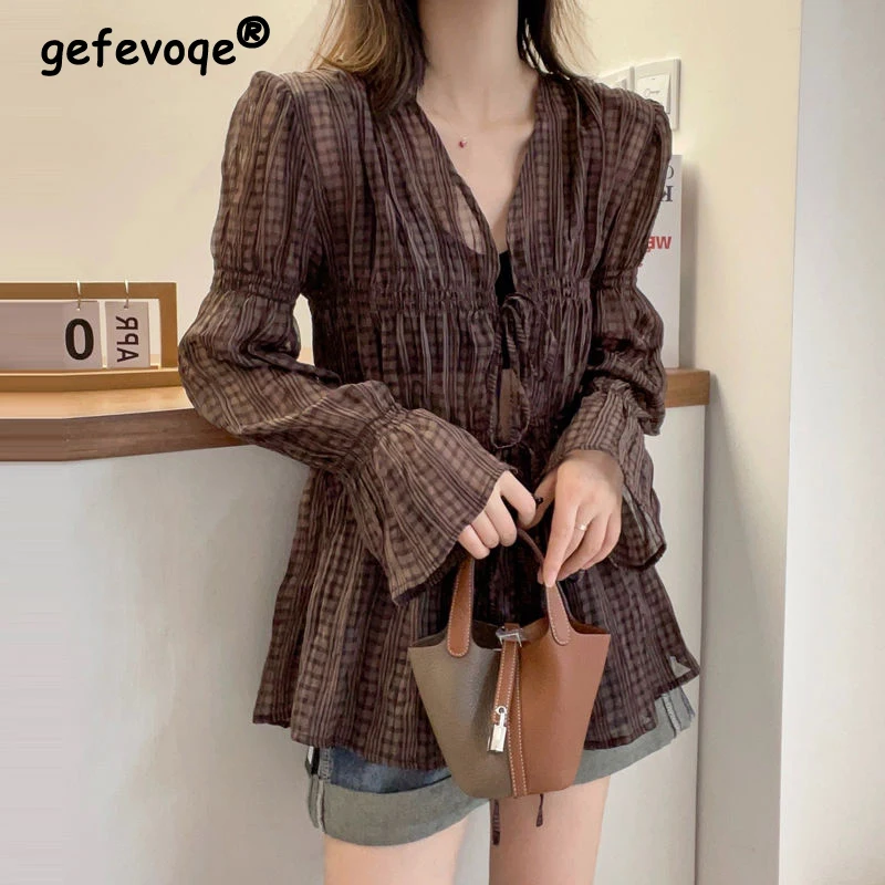 Summer Autumn New V-neck Folds Elegant Fashion Blouse Ladies Flare Long Sleeve Casual All-match Top Women Vintage Lace Up Shirt