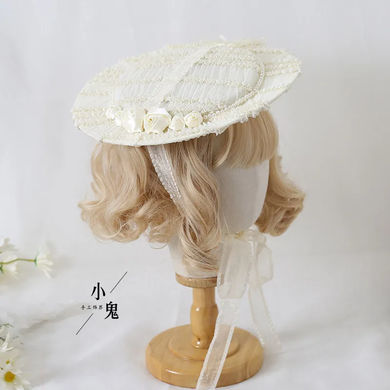 Japanese Original Handmade Color Lolita Headdress Handmade French Cla Flat Hat Antique Bnt Bonnet Elegant Flower Hat