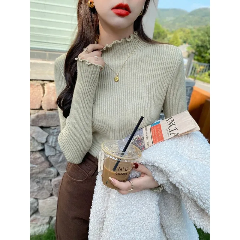 

2024 Long Sleeve Ruffles Turtleneck Slim Jumper Soft Warm Pull Femme Autumn Winter Sweater Women Knitted Ribbed Pullover