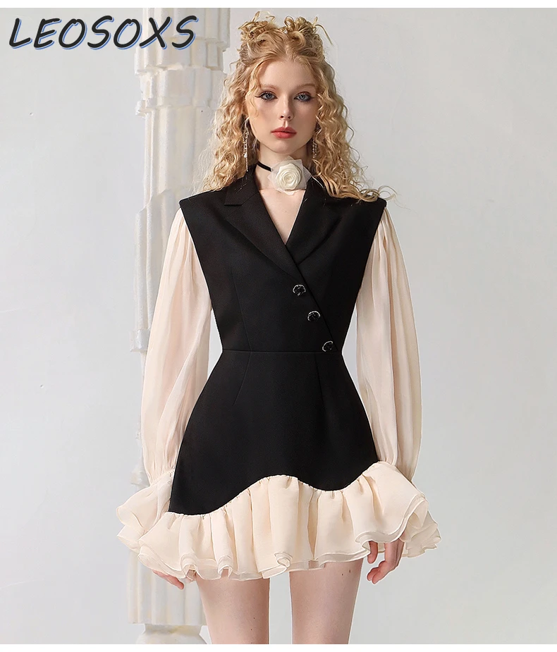 LEOSOXS Elegant Graceful Style Dress Fall 2024 New Ruffled Dresses Contrast Color Design Sense Young Suit Dresses  Black Dress