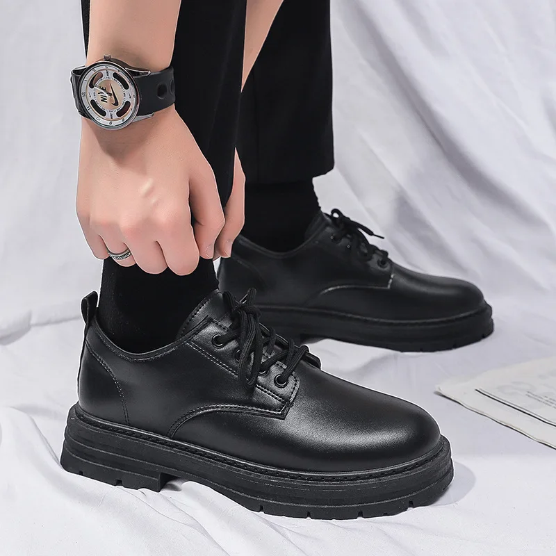 Zapatos formales para hombre, zapatos informales de cuero de negocios, estilo británico, suela gruesa con cordones, punta redonda, zapatos cómodos antideslizantes para exteriores