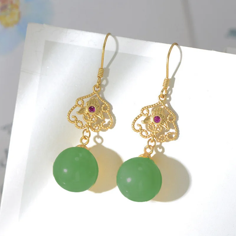 Ancient gold craftsmanship inlaid with natural chalcedony round green earrings for women Chinese style classical costume jewelry