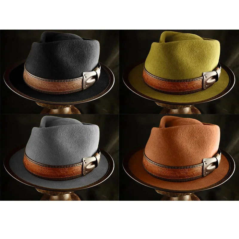Klasyczna gorąca sprzedaż skórzana wełniana czapka z obszyciem moda czysta wełna cylinder fedora wełna sombrero hombre kości masculinos