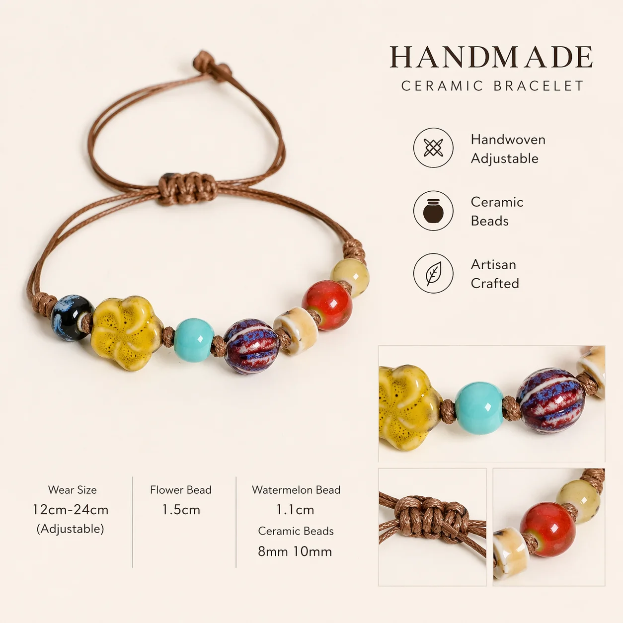 Handmade Yellow Flower Ceramic Bead Bracelet Adjustable Wax Cord Multicolor Artisan Woven Wrist Jewelry Gift for Women 12-24cm