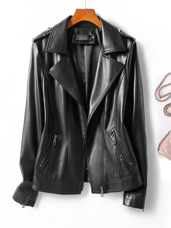  Ning Genuine Leather Jaet Women's ort Slim Fit Large Size Korean Sle 2025 Spring New eepskin Bla Coat