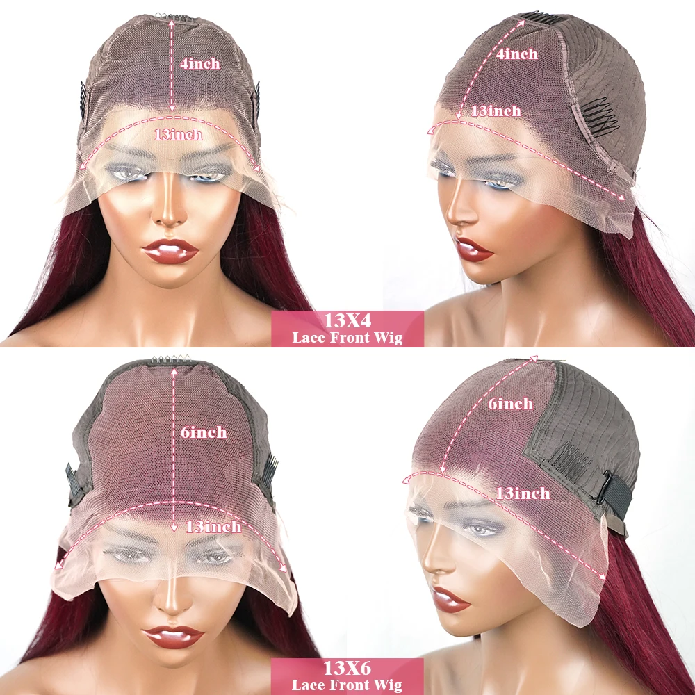 Perruque Lace Front Wig sans colle naturelle, cheveux lisses, rouge bordeaux 99J, 13x6, 13x4 HD, 30 34 pouces