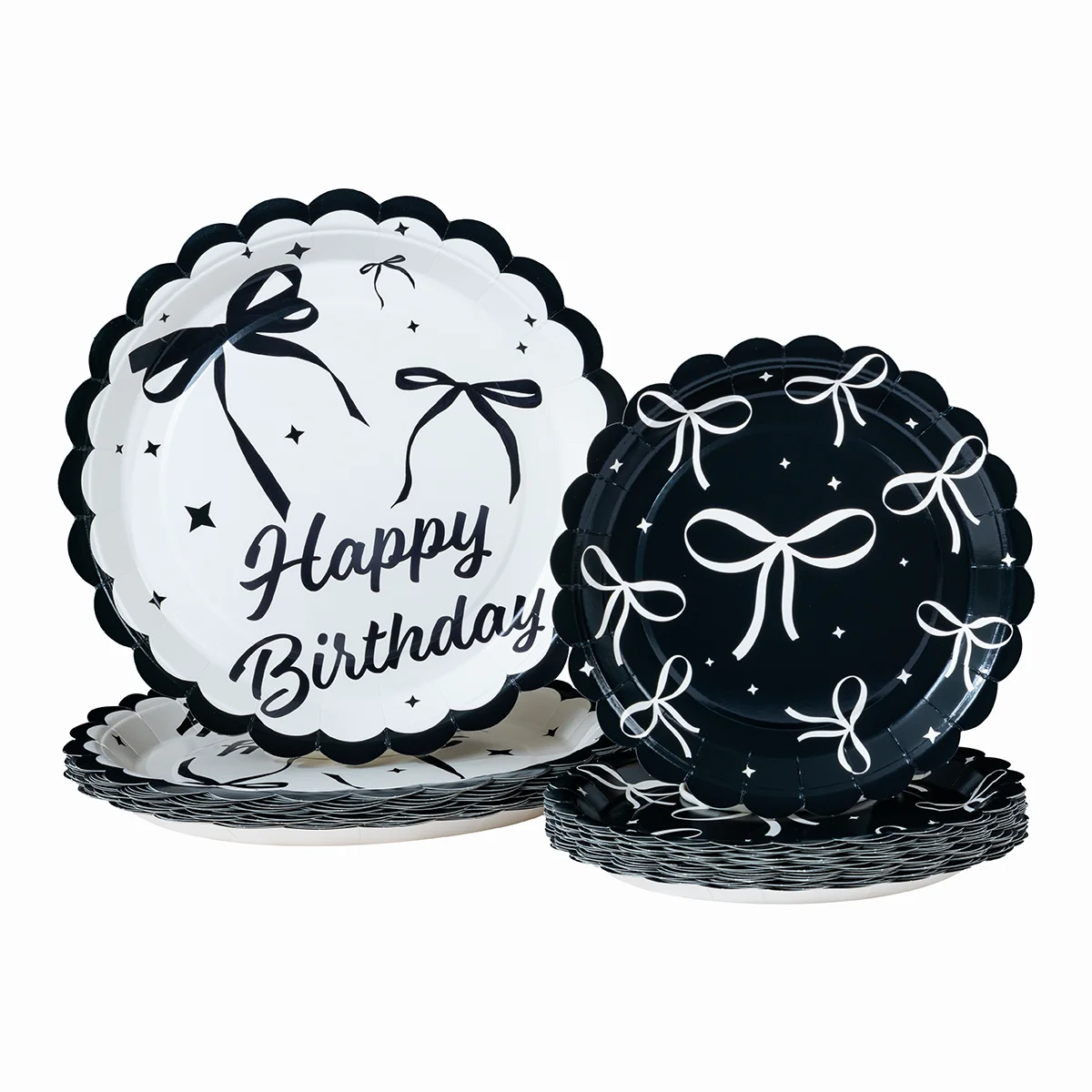 Black White Bow Print Disposable Paper Plates, Happy Birthday Themed Paper Plates for Party and Celebrations view 6