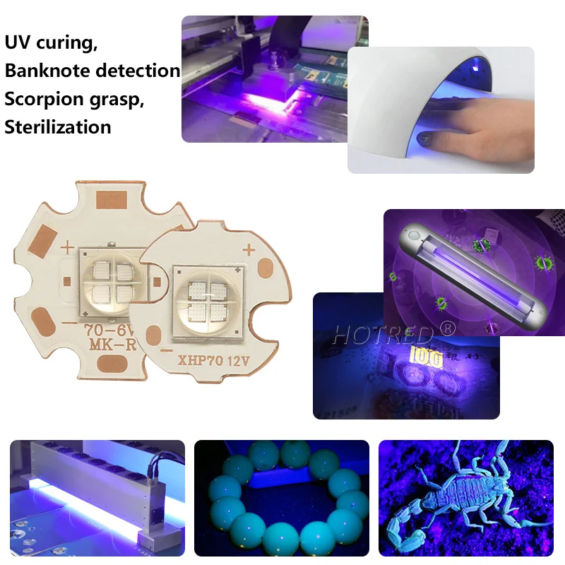 6V 12V UV LED XHP70 10W 12W LG7070 Purple Chip 395nm 400nm 405nm Phosphor Lighting For DIY 3D Printer Curing Medical Nail Dryer