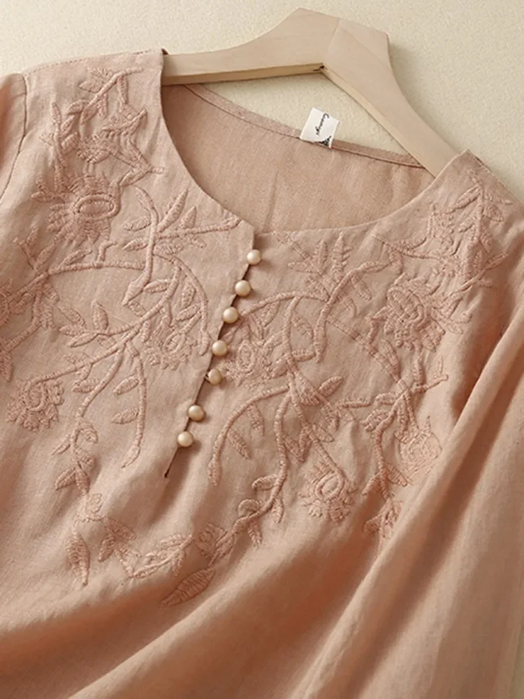 

Women Long Sleeve Casual Shirts New Arrival 2024 Autumn Vintage Style O-neck Embroidery Loose Female Cotton Tops Shirt L305
