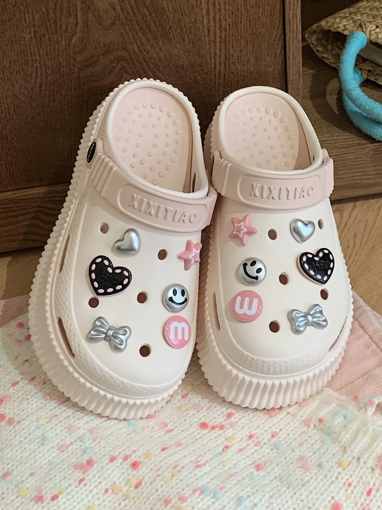 Women Garden Shoes Instagram Beach Sandals Vacation Anti Slip Outer Wear Women Slippers Sweet Love Bow Thick Bottom Hole Shoes