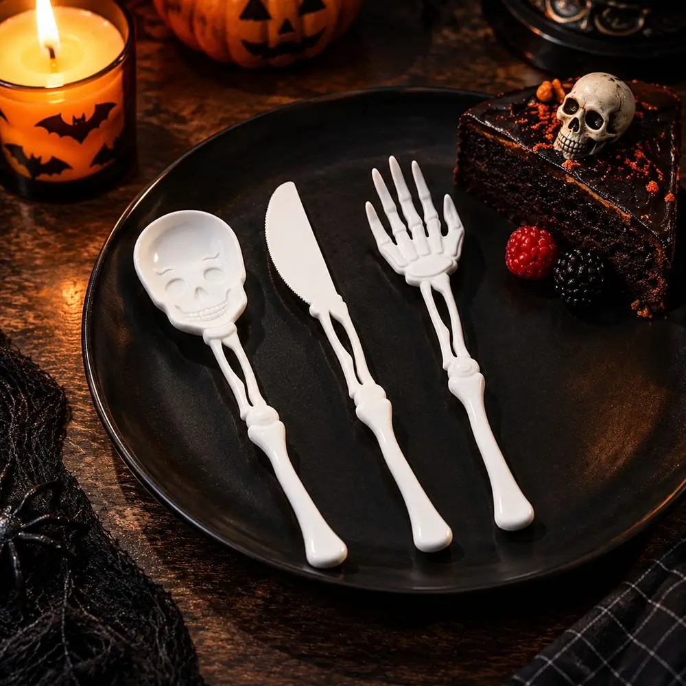 3pcs/Set 3D Printed Skull Flatware Set Food Grade Bone Shape Halloween Tableware Gothic Style Skeleton Cutlery Set Western Table