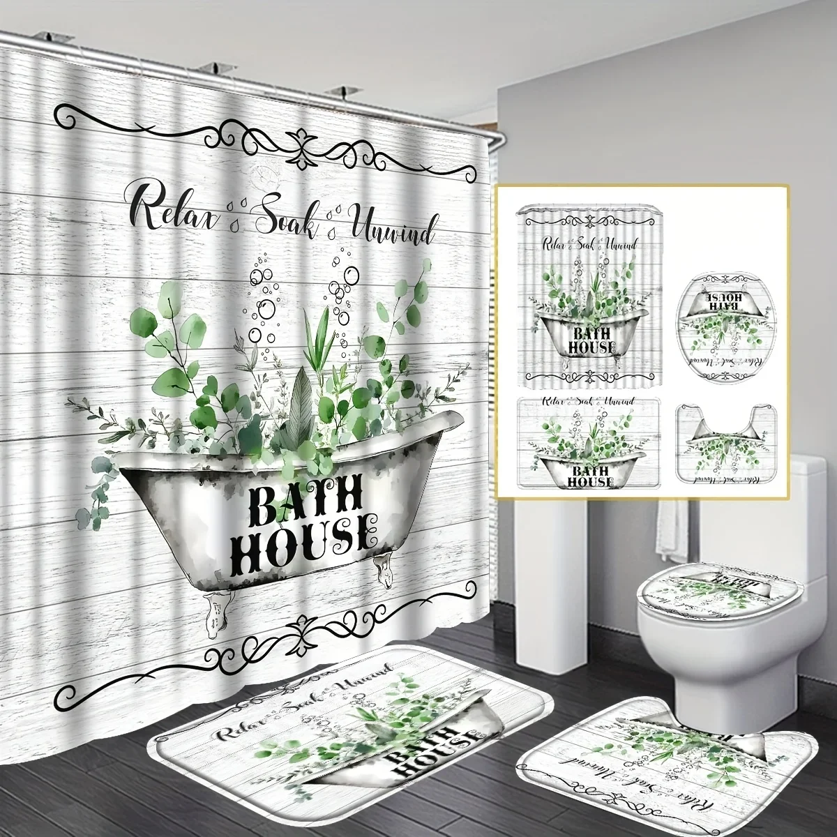 

Vintage Tub & Green Plants 4-Piece Set Waterproof Curtain Non-Slip Mats Soft Microfiber Relaxing Design