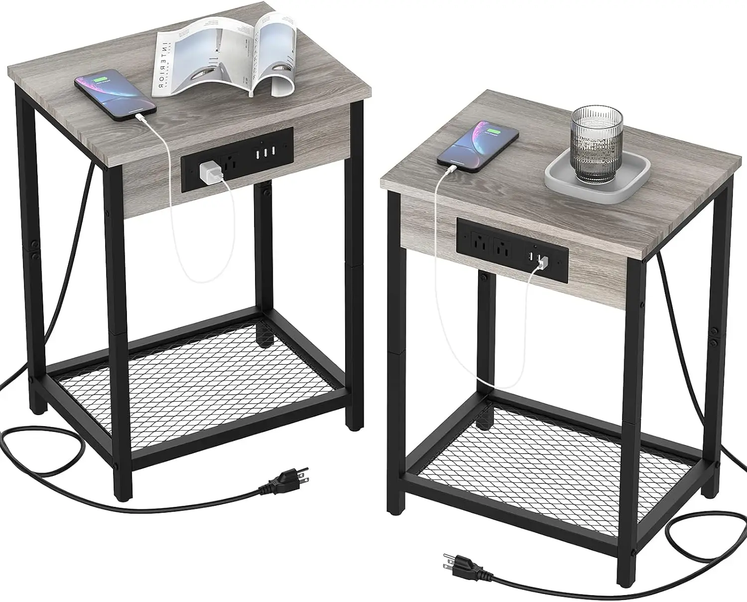 Cinza Quarto Nightstand com Estação De Carregamento, Mesa Lateral Moderna, Mesa Final, Conjunto de 2