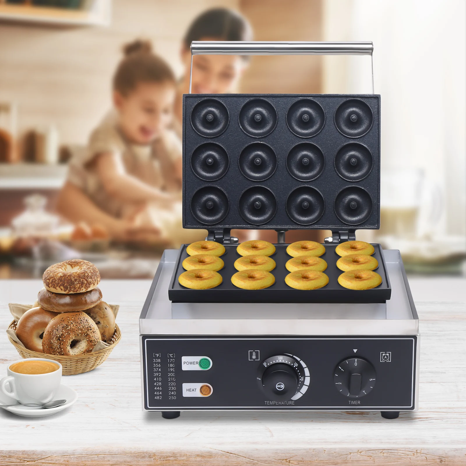 

1550W 12-Grid Donut Maker, Stainless Steel Electric Non-Stick Round Waffle Maker, 5cm Donut, Time & Temperature Control