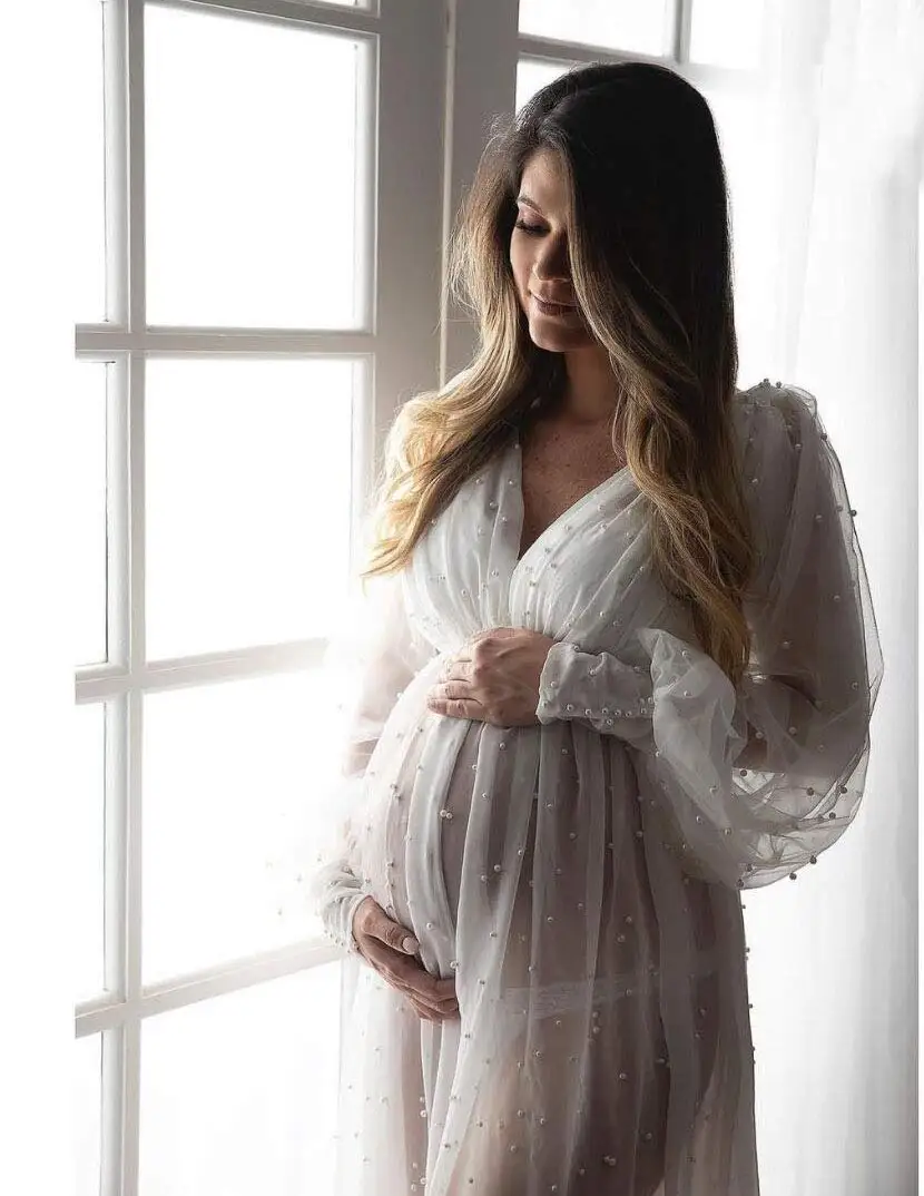 New Prom Dresses Photo Shoot Gowns Maternity Beads Photoshoot V-Neck Long Sleeves Pregnant Photography Props Baby Shower Dress