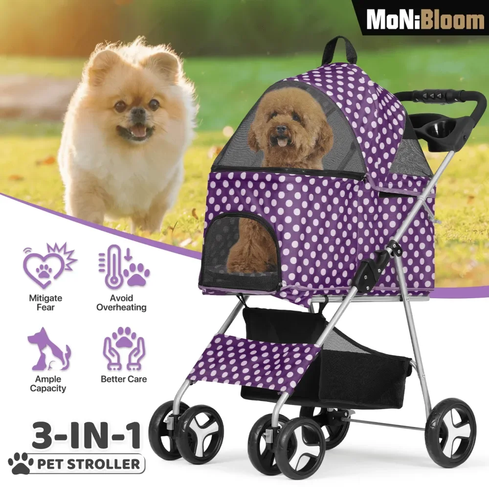

In 1 Foldable Pet Stroller For Small Medium Dogs, Detachable Carrier, Car Seat, Push Button Entry, 4Wheel Jogger For Pets To