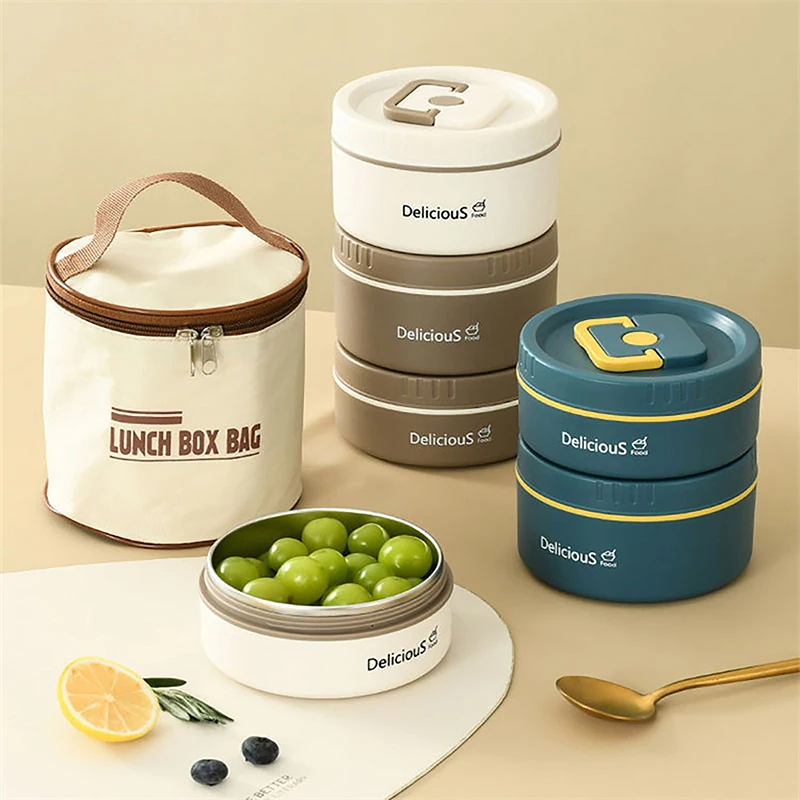 1 Set Insulated Lunch Container Box 304 Stainless Steel Sealed Multifunction Portable Round Thermal Bento Box With Thermal Bag