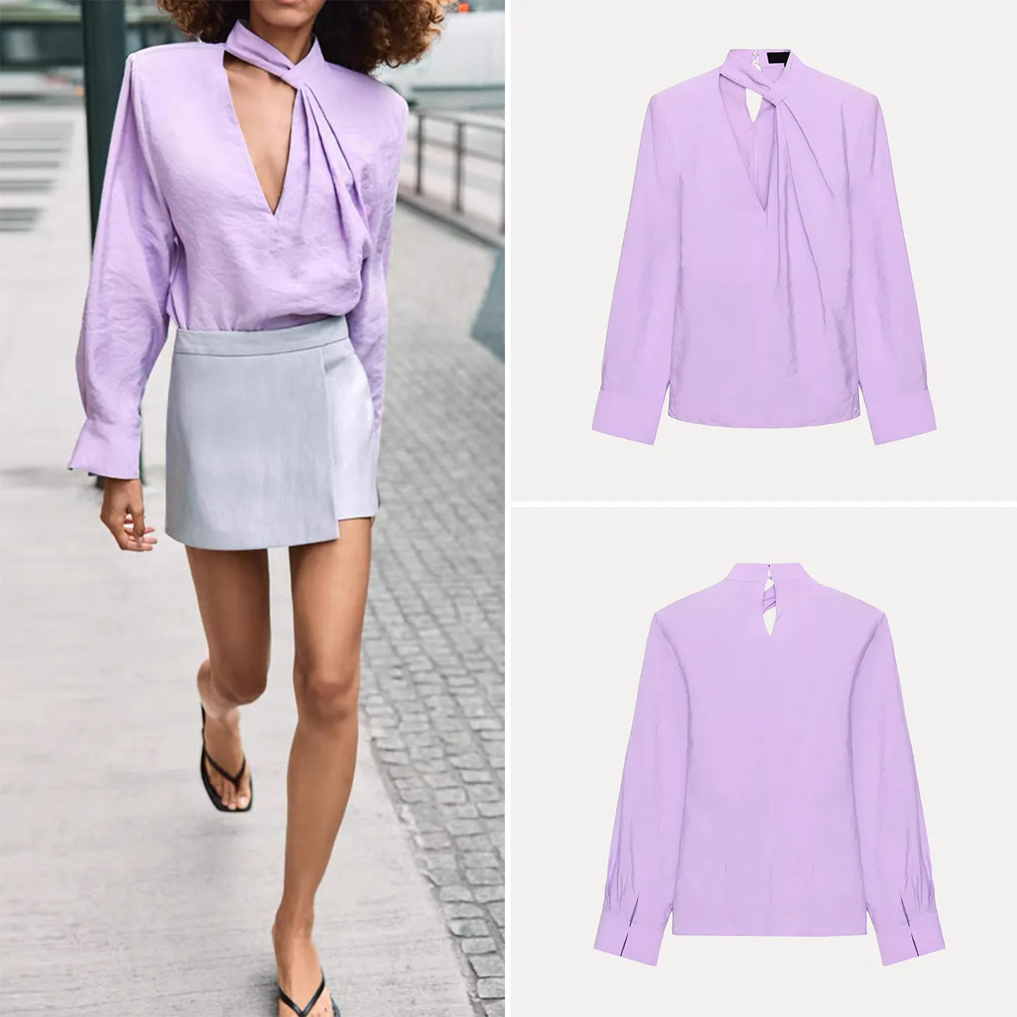

Women's Spring 2026 Long Sleeve High Collar V Neck Padded Shoulder Drapey Shirt Loose Fit European Style Premium Ladies Shirt