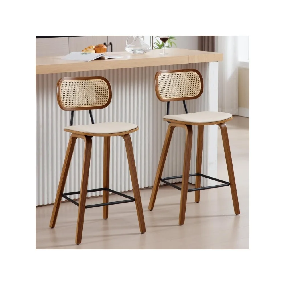 

Mid-Century Bar Stools Set of 2,PU Leather Barstools with Open Rattan Backrest Wooden Legs Armless Bar Chairs