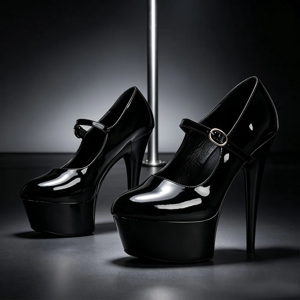 Black Patent Leather Pole Dancing Shoes for Women High Heel Mary Jane Ankle Strap Platform Stilettos Party Club Dancer Footwear