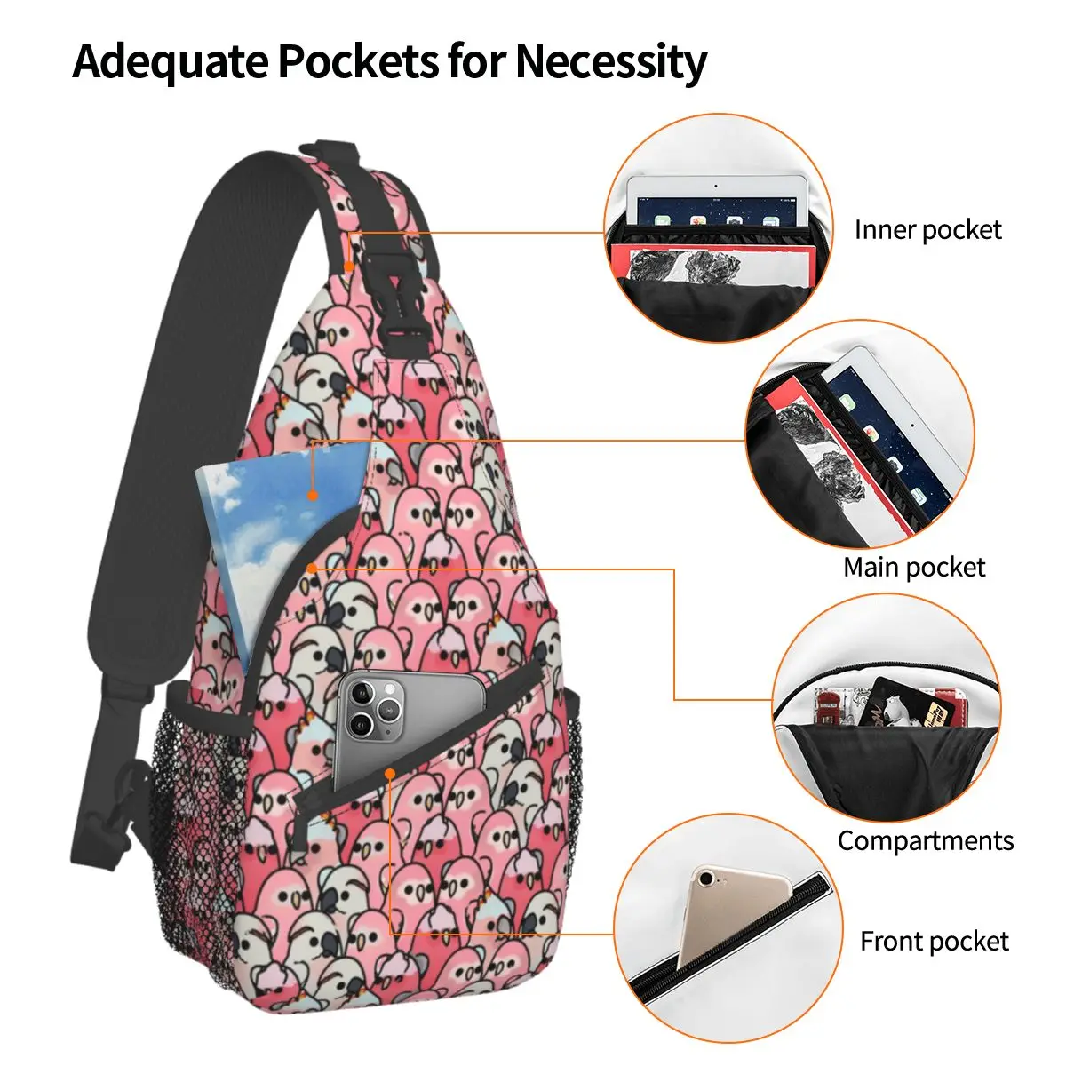 Budgie Too Many Birds Pink Parrot Small Sling Bag Chest Crossbody Shoulder Sling Backpack Hiking Travel Daypacks Pattern Satchel