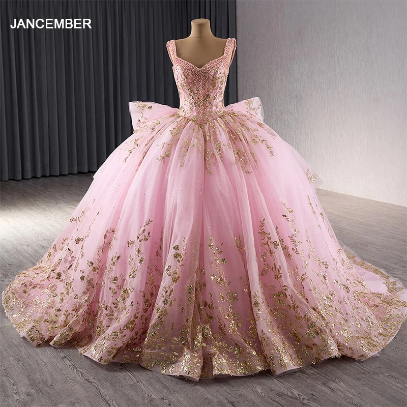 Alças de espaguete princesa Vestidos Quinceanera, lantejoulas com renda, doce vestido de festa de 15 anos, rosa, 2024