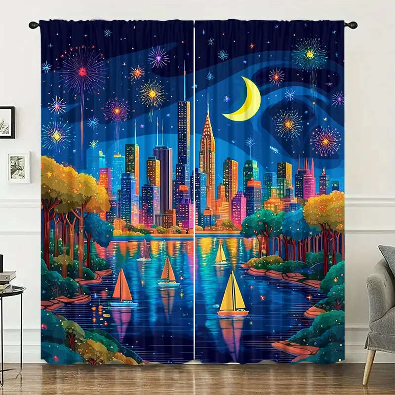 Nighttime cityscape curtains, installed using pocket rod method, suitable for bedrooms, living rooms, balconies, and decoration
