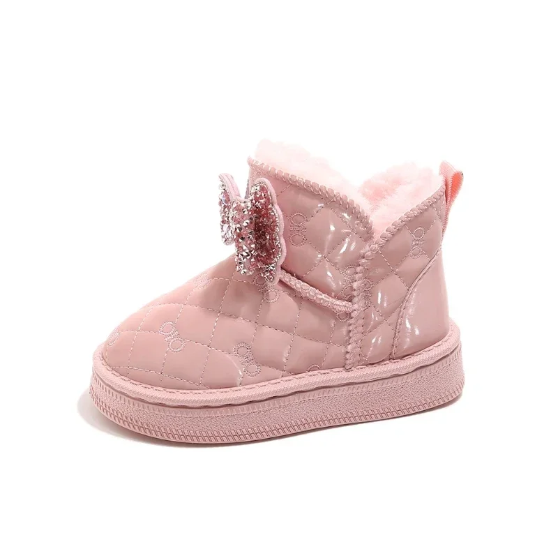Toddler Girls Winter Snow Boots, Sparkly Rhinestone Bow, Quilted Upper, Fleece Lined, Non Slip Sole for Cold Days