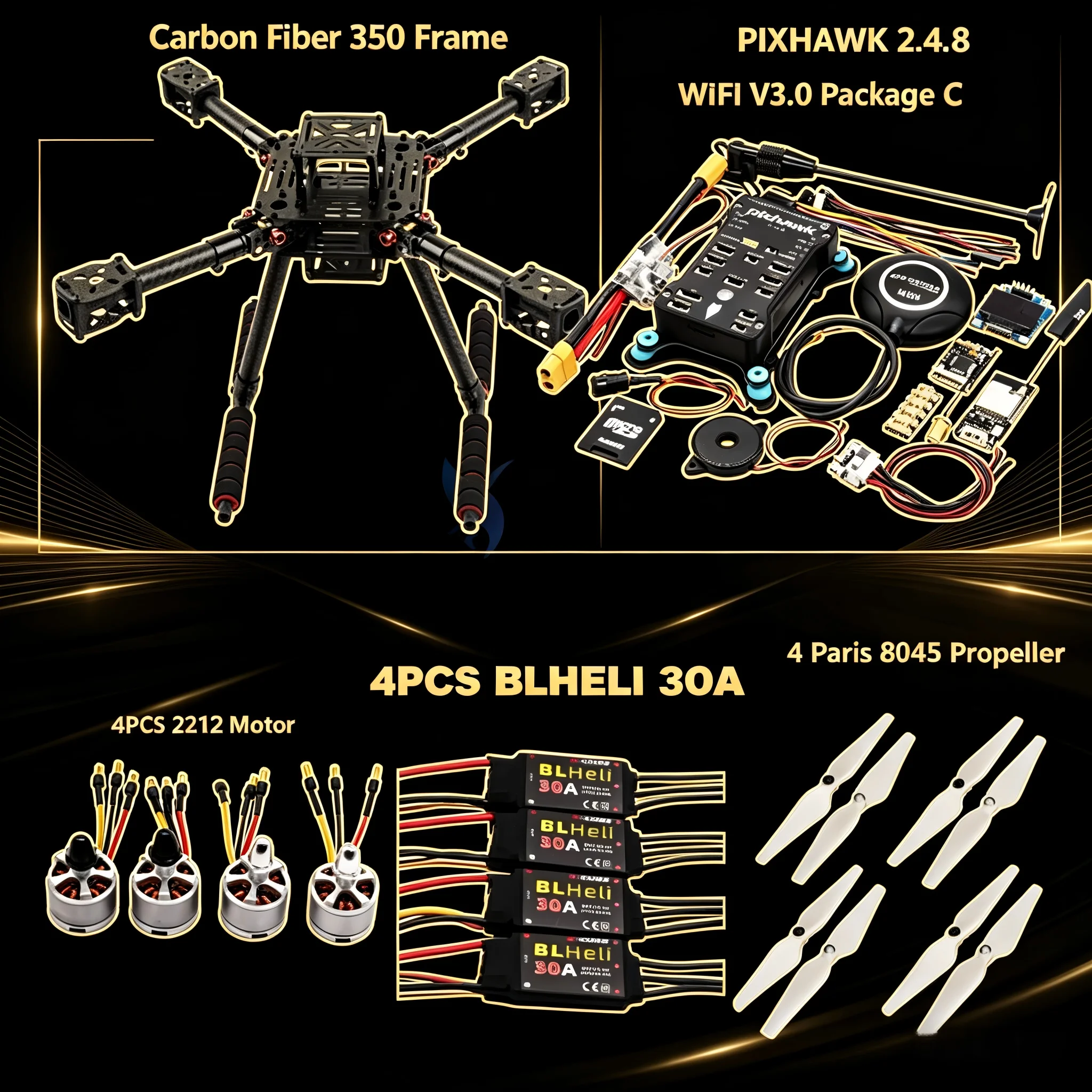 

Комплект для квадрокоптера F350 PIXHAWK2.4.8 M8N с карбоновой рамой, системой управления полетом Ardupilot, радиотелеметрией 100 МВт и моторами BLHELI 30A 2212 ESC