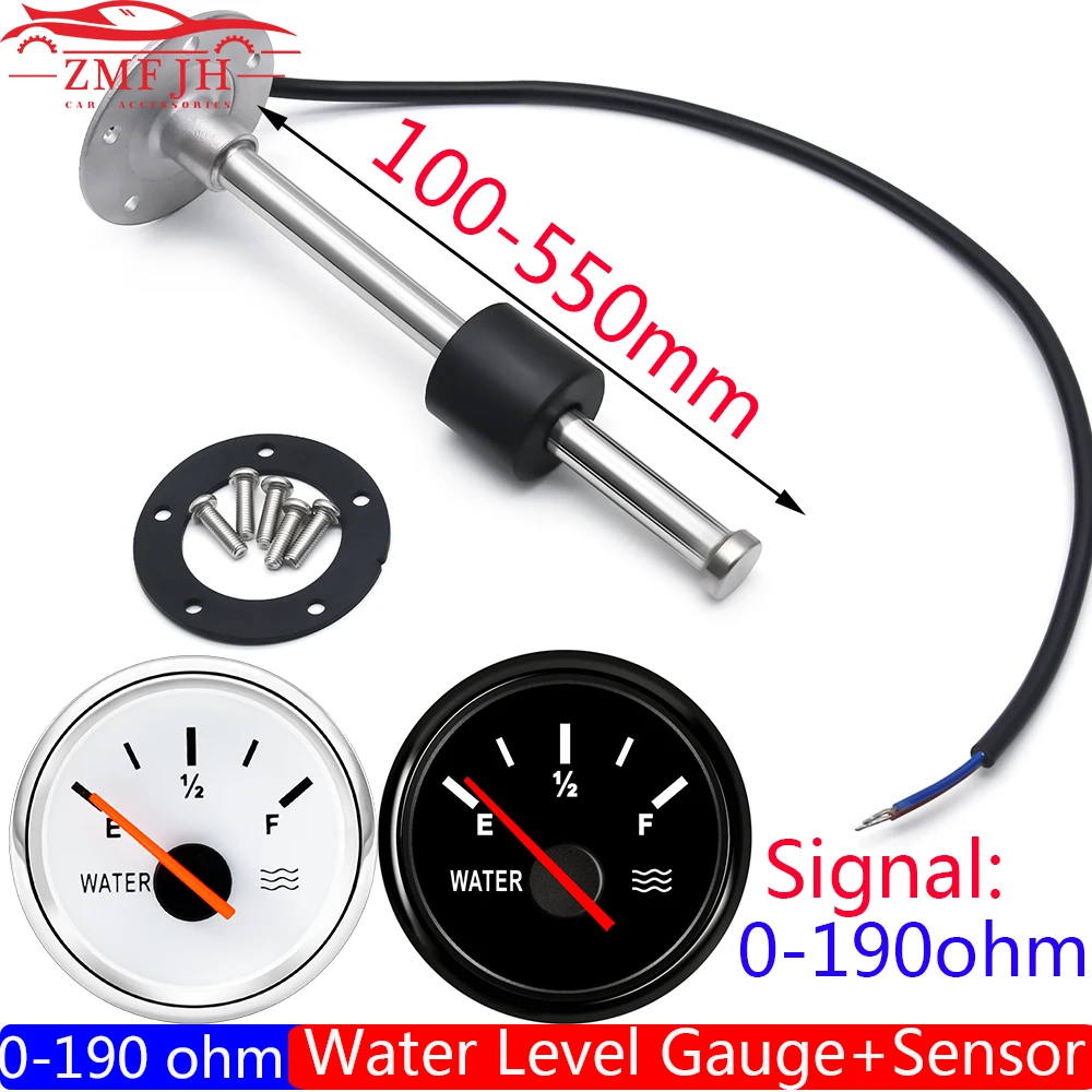 52MM Gauge Water Level Gauge Red Light 0-190 Ohm Water Tank Level Indicator Meter with Fuel Water Level Sensor 150MM 200MM 250MM