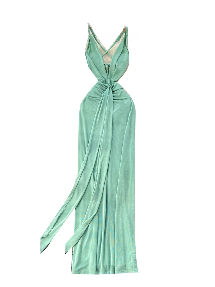 Sexy profundo v ne strapl bodycon saia longa feminina dr coreano sle cintura alta fibra de poliéster verão a linha dr