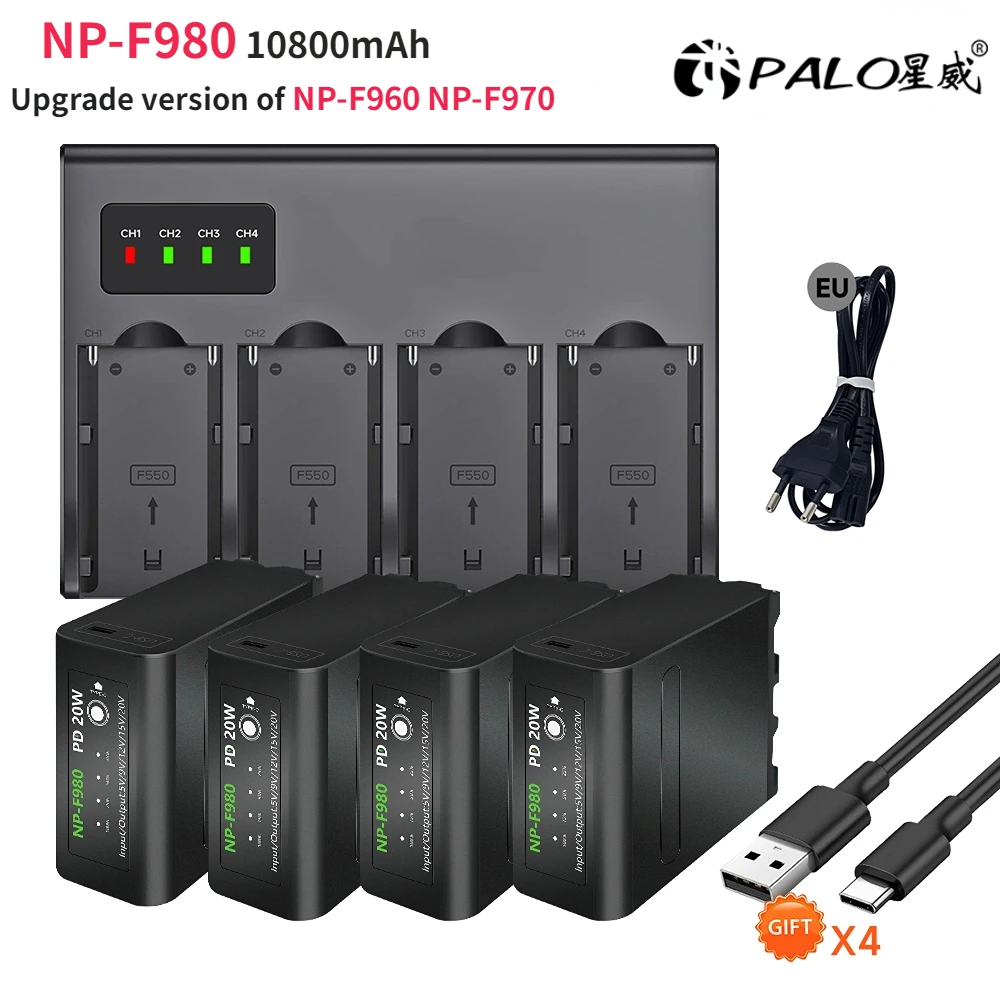 PALO 10800mAh NP-F960 NP-F970 Upgraded Battery NP-F980 for Sony HVR-HD1000 HVR-HD1000E HVR-V1J Batteria with Fast  Charger USB