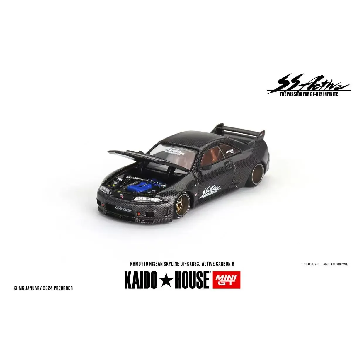 Kaido-modelo de coche Skyline GT-R R33, colección de vehículos fundidos a presión de carbono activo, casa y MINIGT 1/64