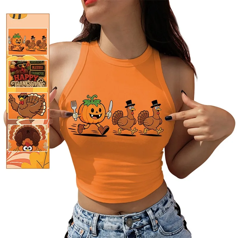 Women Thanksgiving Crop Halter Tank Top Pumpkin Turkey Cartoon Print Sleeveless Slim Fit Y2K Cropped Vest Fall Holiday Outfit