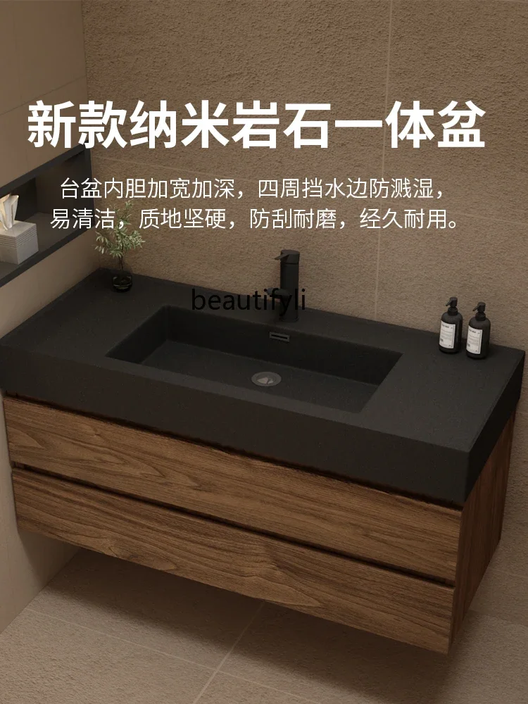 Black Walnut Color Bathroom Cabinet Combination Bathroom Table Sink Rock Integrated Washbasin Sanitary Ware Nordic