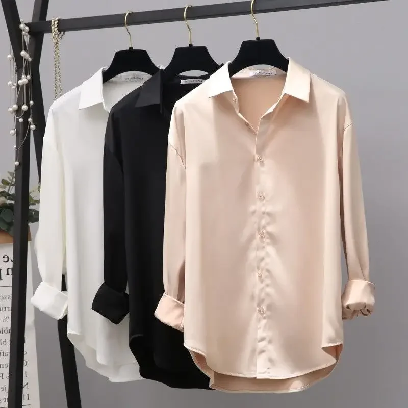 Satin Shirt Faux Silk White Black Blouses Women Long Sleeve Button Up Shirts Solid Color Lapel Spring Fall Loose Tops Blusas