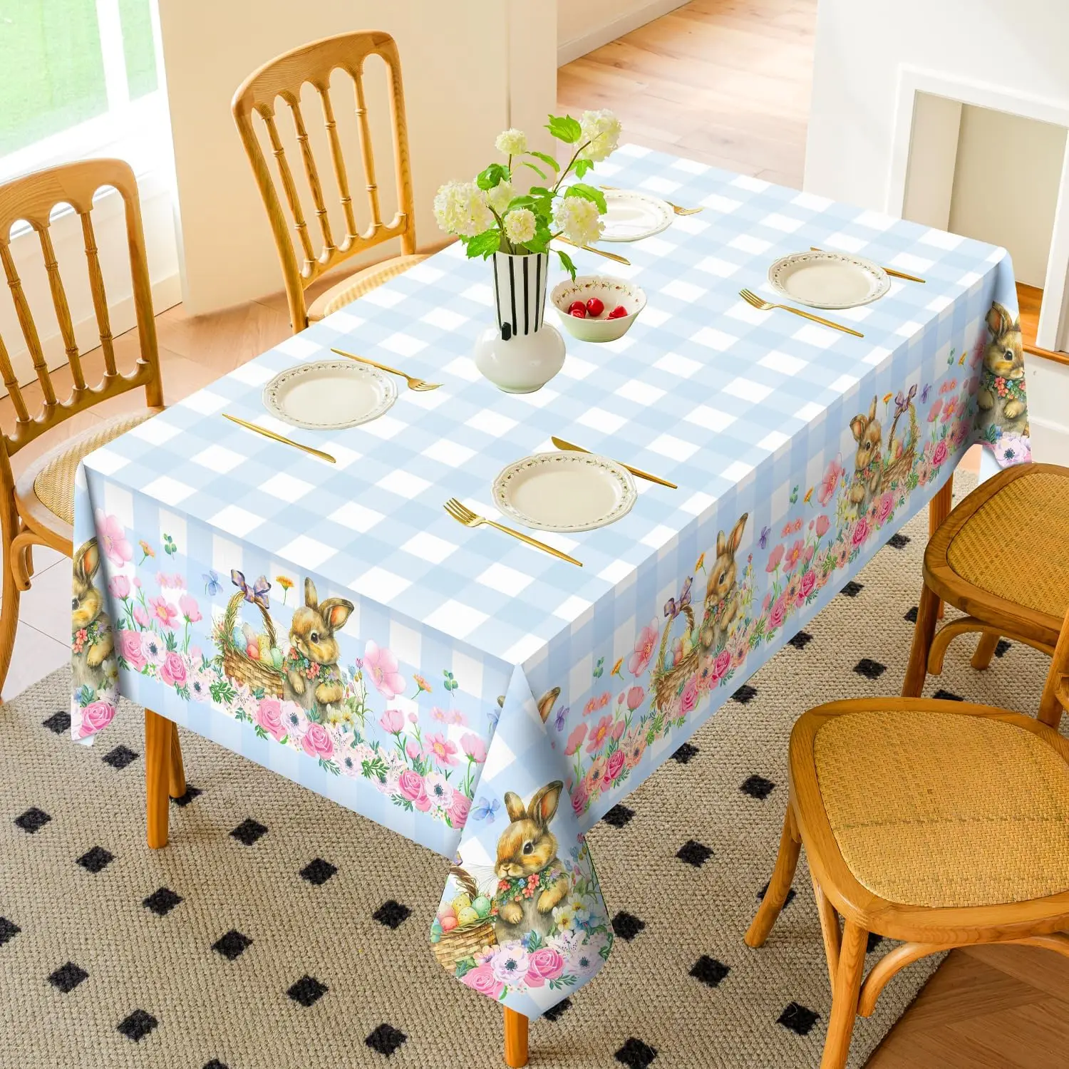 Easter Bunny Eggs Buffalo Plaid Rectangle Tablecloth Dining Table Decor Spring Flower Waterproof Table Cloth Easter Decorations