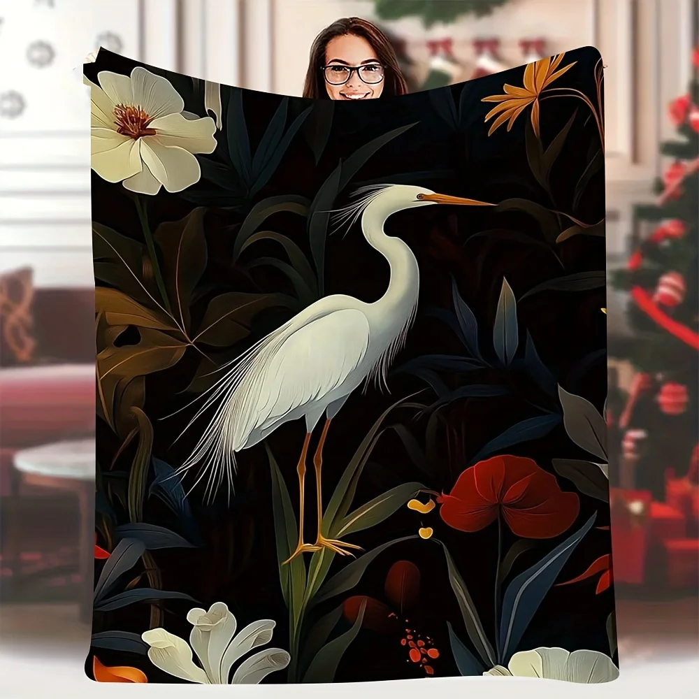 Luxurious Tropical Jungle Print Blanket Throw Boho Nature Crane Floral Botanical Aesthetic Decor Cozy Fall Winter Home