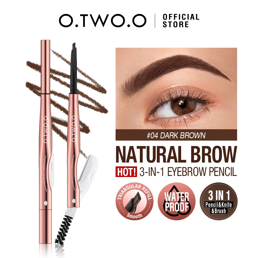 O.TWO.O Eyebrow Pencil 3 in 1 24 Hours Waterproof Long Lasting 4 Colors Brown with Eyebrow Trimmer Cosmetics Makeup Brow Pencil