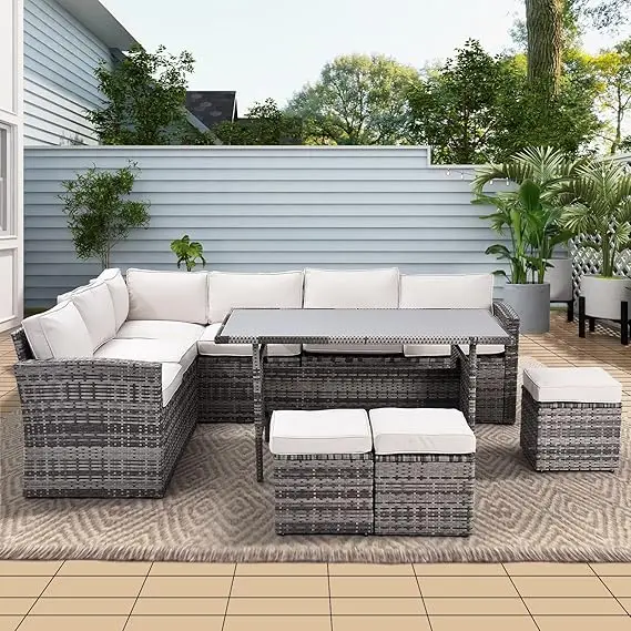 7 Pieces Conversation Set Outdoor Patio Furniture Sofa Set, All-Weather Rattan  Sofa with Ottoman, Cushion, Dining Table